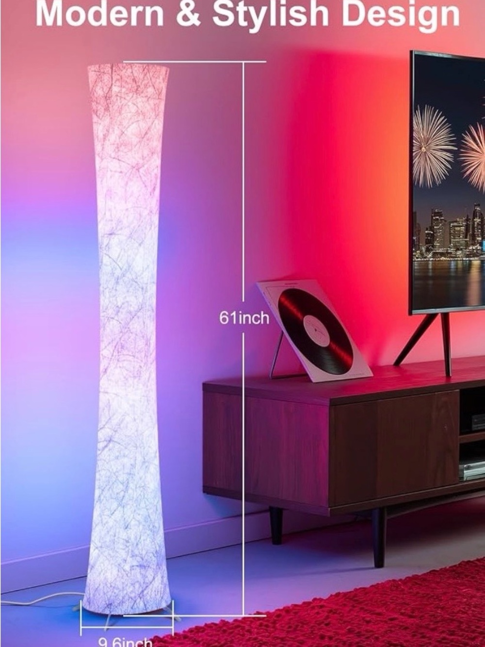 Modern Tall Floor Lamp - White Textured Shade with Colorful LED Glow